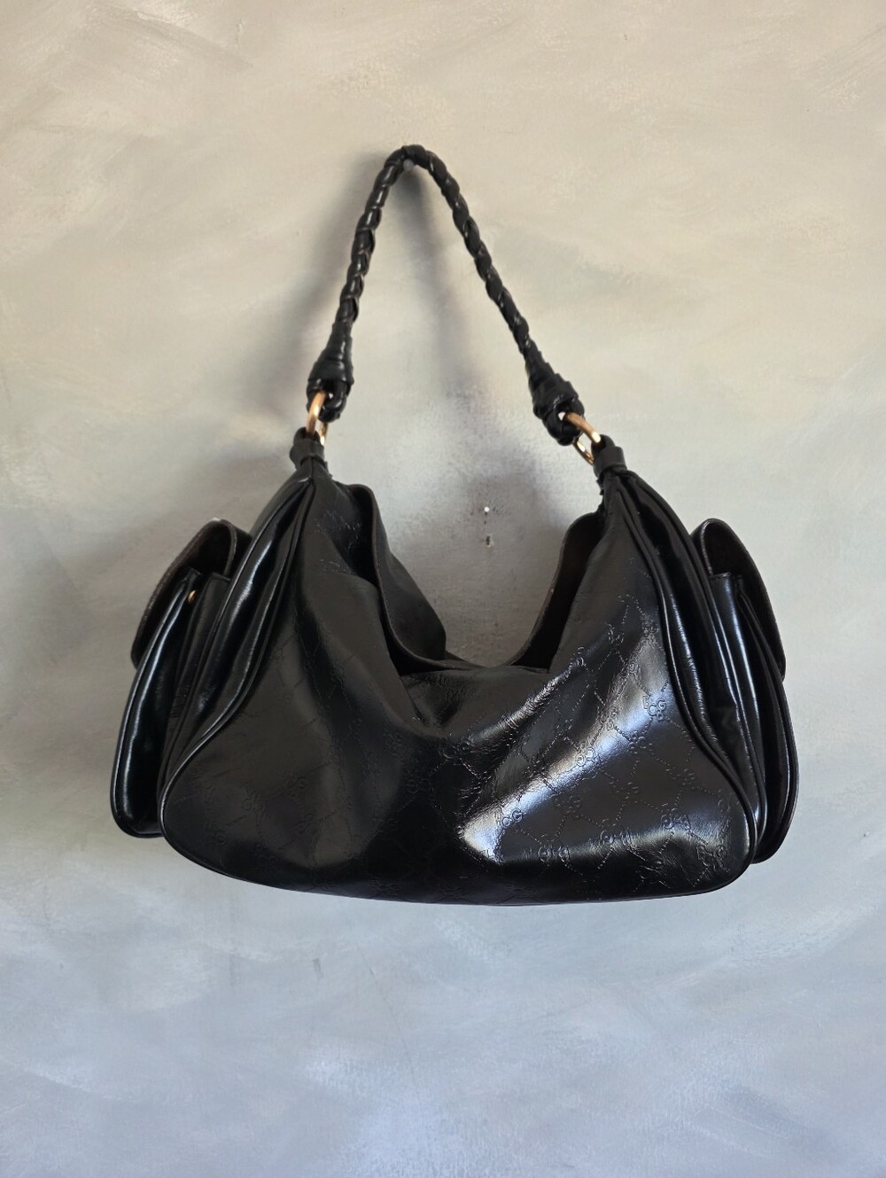 Bcbg Black Slouchy Hobo Braided Handle Subtle Monogram Pattern Shouldet Bag